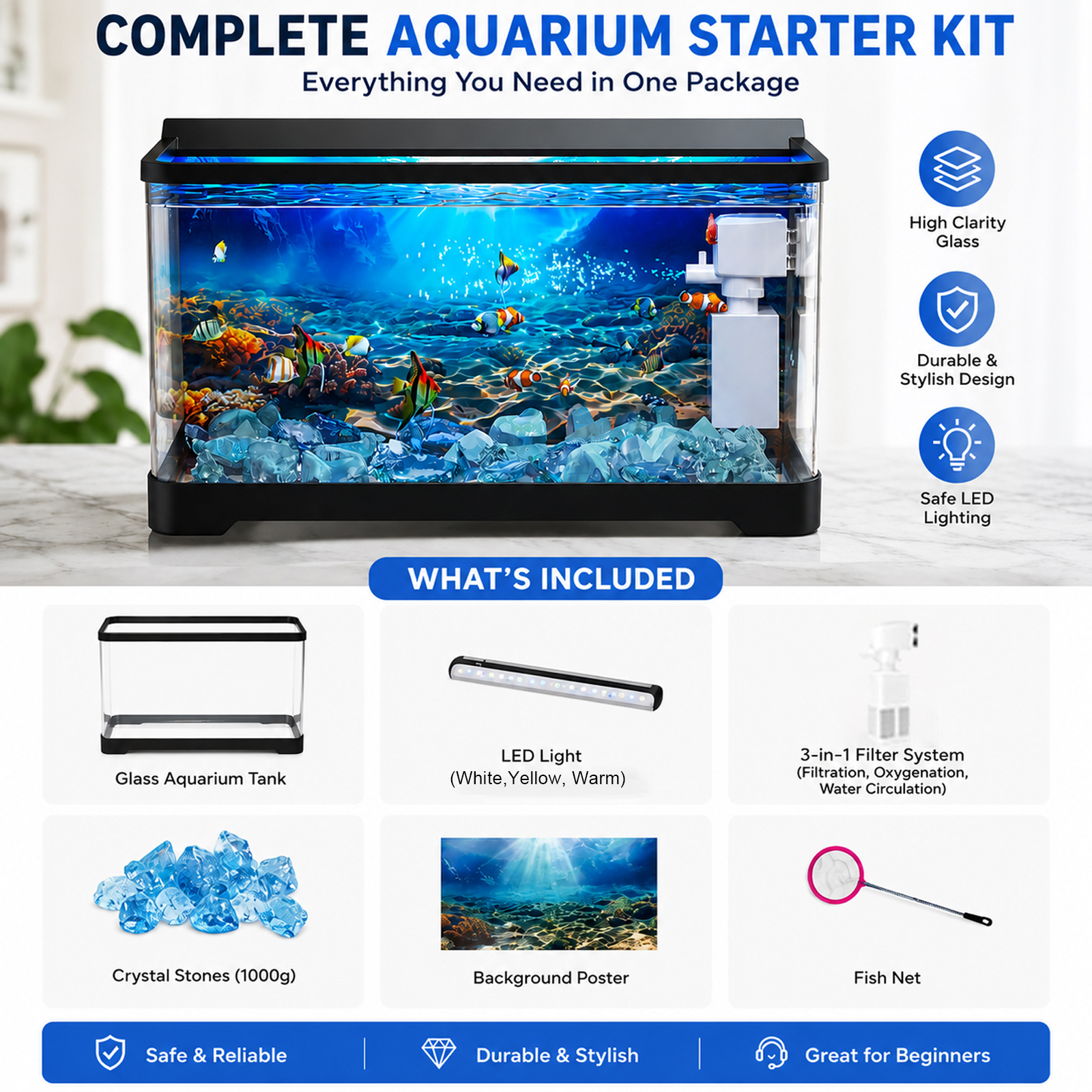 Tawatiler 4 Gallon Fish Tank, 6 in 1 Betta Fish Tank, Aquarium Starter Kit with LED Aquarium Light, 3 Modes Filter, Fishing Net, Crystal Stones, Background Poster - Image 2
