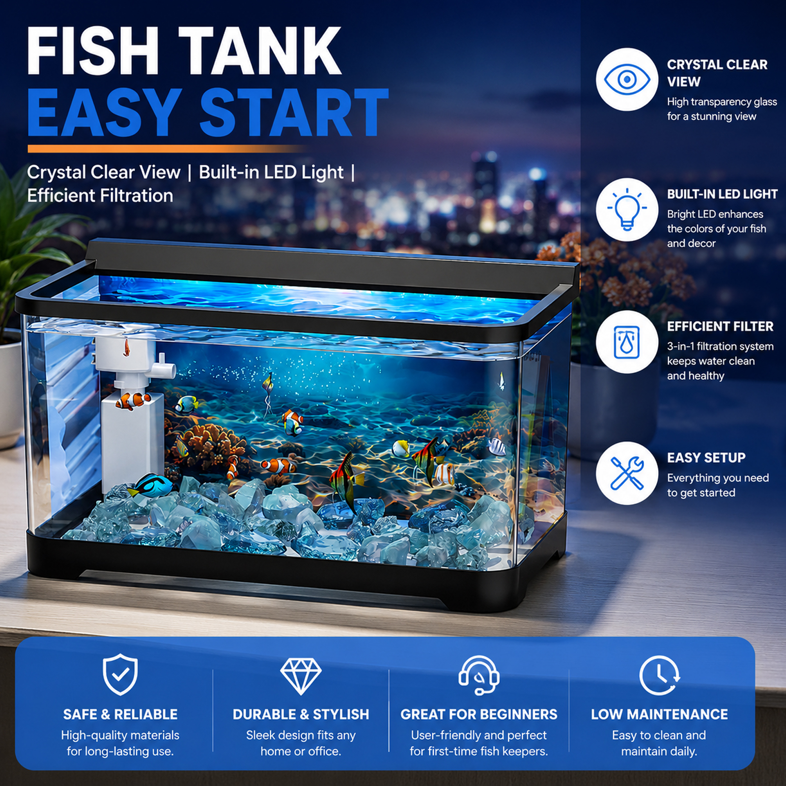 Tawatiler 4 Gallon Fish Tank, 6 in 1 Betta Fish Tank, Aquarium Starter Kit with LED Aquarium Light, 3 Modes Filter, Fishing Net, Crystal Stones, Background Poster - Image 3