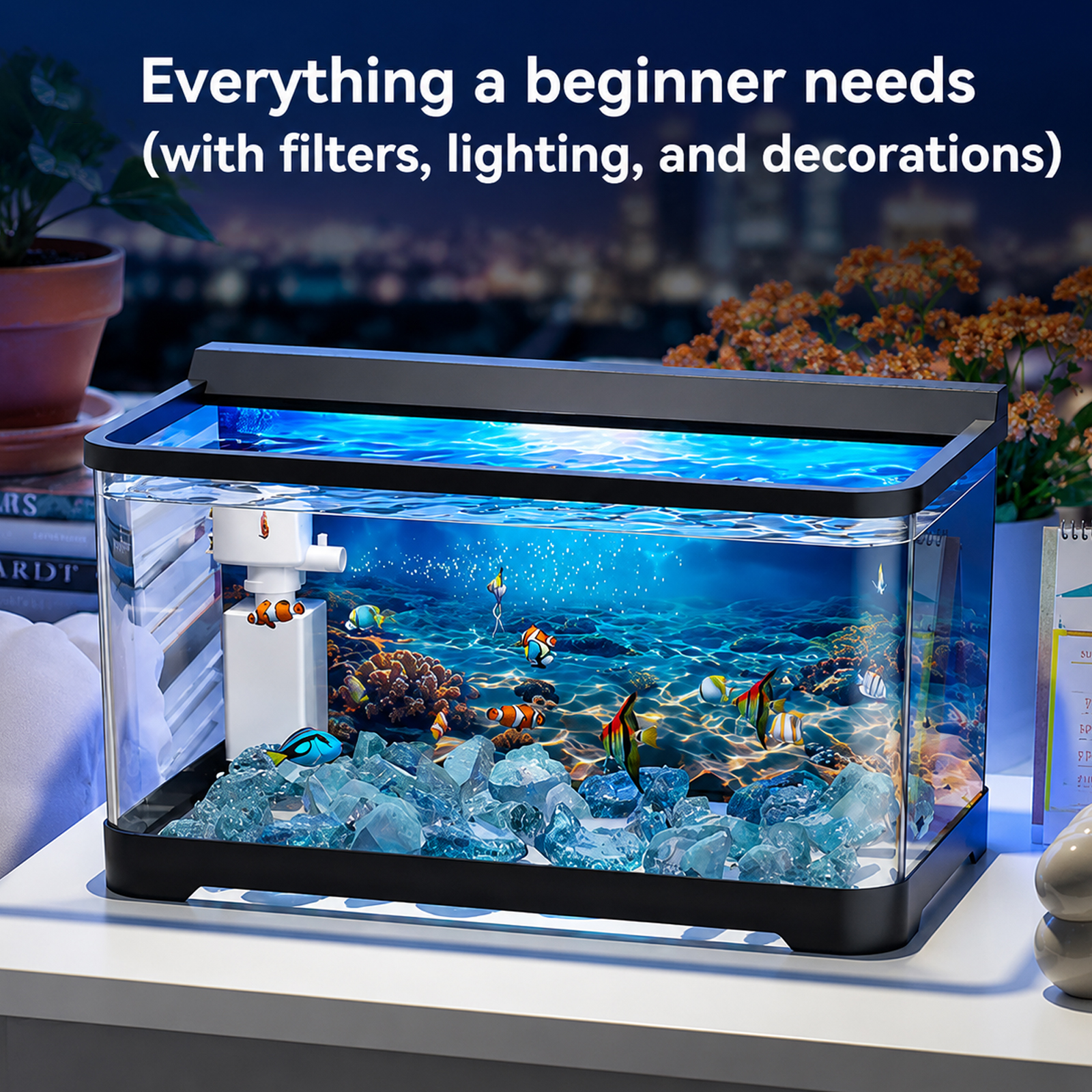 Tawatiler 4 Gallon Fish Tank, 6 in 1 Betta Fish Tank, Aquarium Starter Kit with LED Aquarium Light, 3 Modes Filter, Fishing Net, Crystal Stones, Background Poster - Image 4