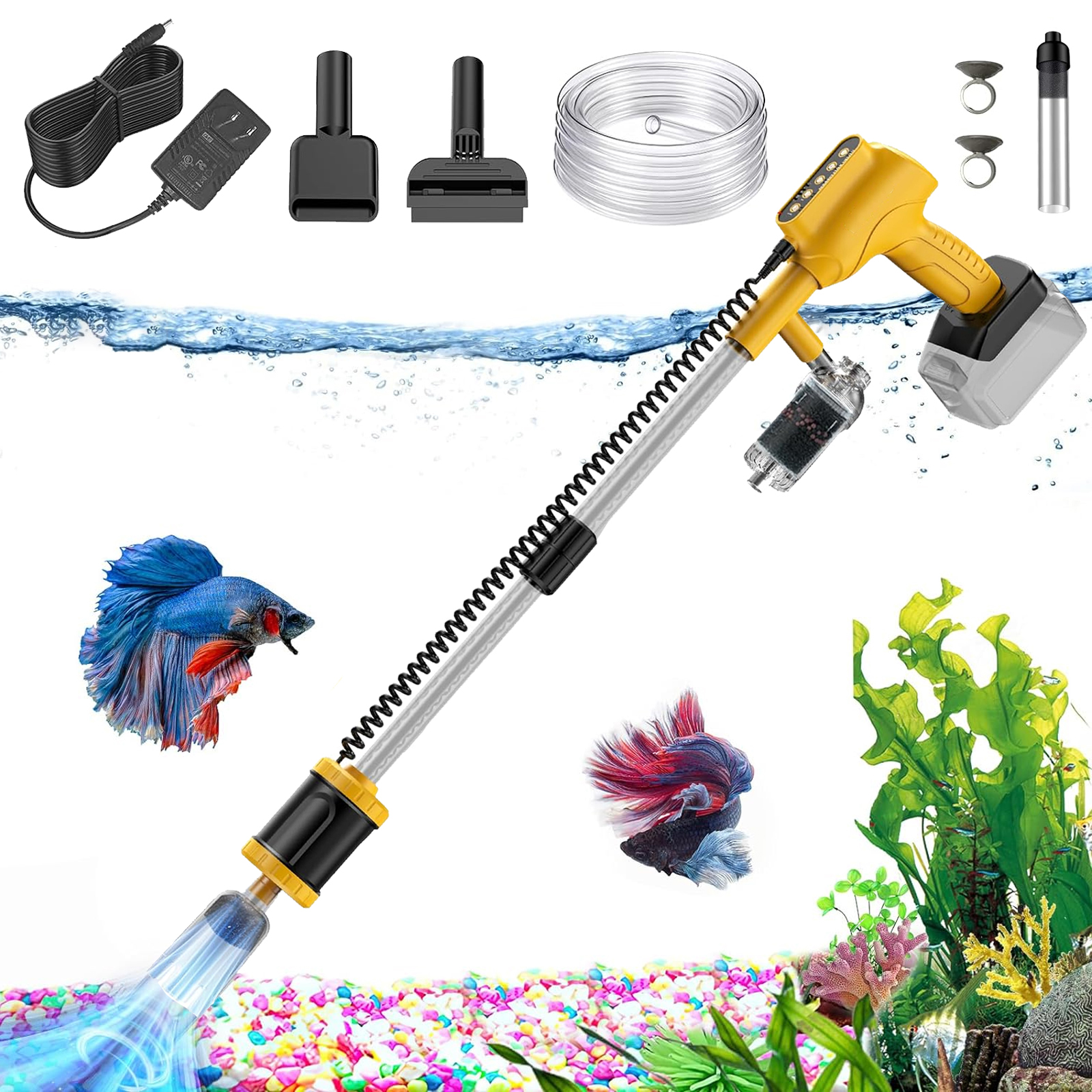 Tawatiler Cordless Aquarium Gravel Cleaner, 6 in 1 Electric Fish Tank Vacuum Cleaner Compatible with Dewalt 20V Battery, 3 Adjustable Power, Automatic Water Change for Freshwater and Saltwater