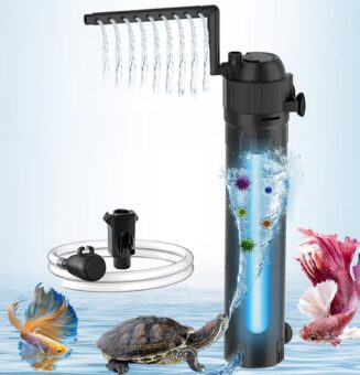Aquarium Filter U-V Light 5 in 1 Fish Tank Filter, Tawatiler 210 GPH Green Water Cleaning Filter Pump with Timer, Dual Mode (Aeration/Rainfall) for 40-200 Gallon Aquariums (10W U-V+8W Pump)