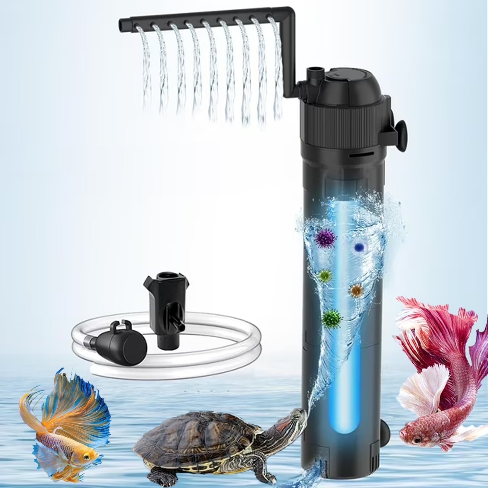 Aquarium Filter U-V Light 5 in 1 Fish Tank Filter, Tawatiler 210 GPH Green Water Cleaning Filter Pump with Timer, Dual Mode (Aeration/Rainfall) for 40-200 Gallon Aquariums (10W U-V+8W Pump)