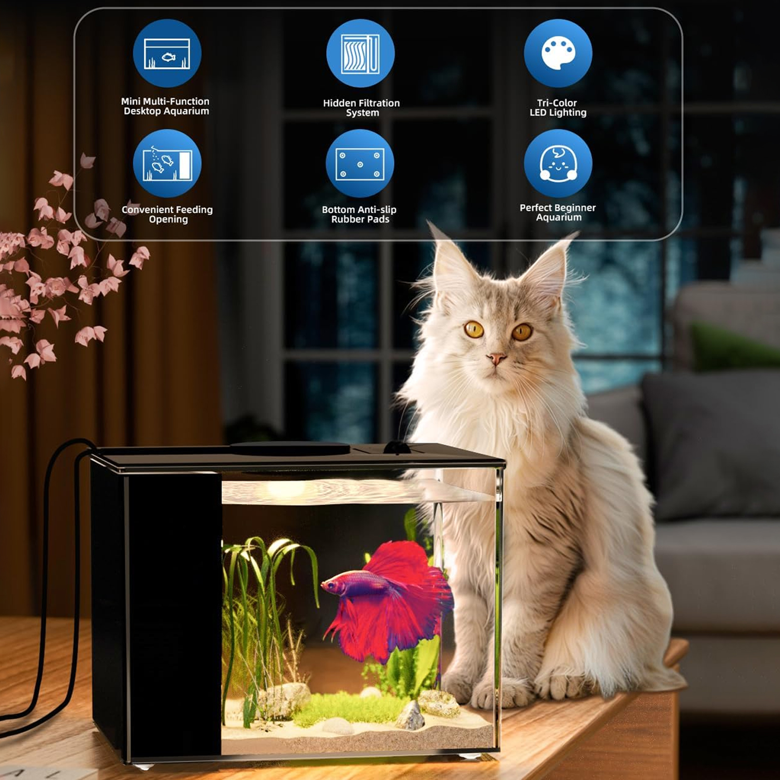 Tawatiler Small Fish Tank, 2.9L (0.78 Gal) Betta Fish Aquarium, Acrylic Small Fish Tank Kit with Water Filter Pump & LED Light, Ideal for Small Fish, Shrimp and Plants, Black - Image 2