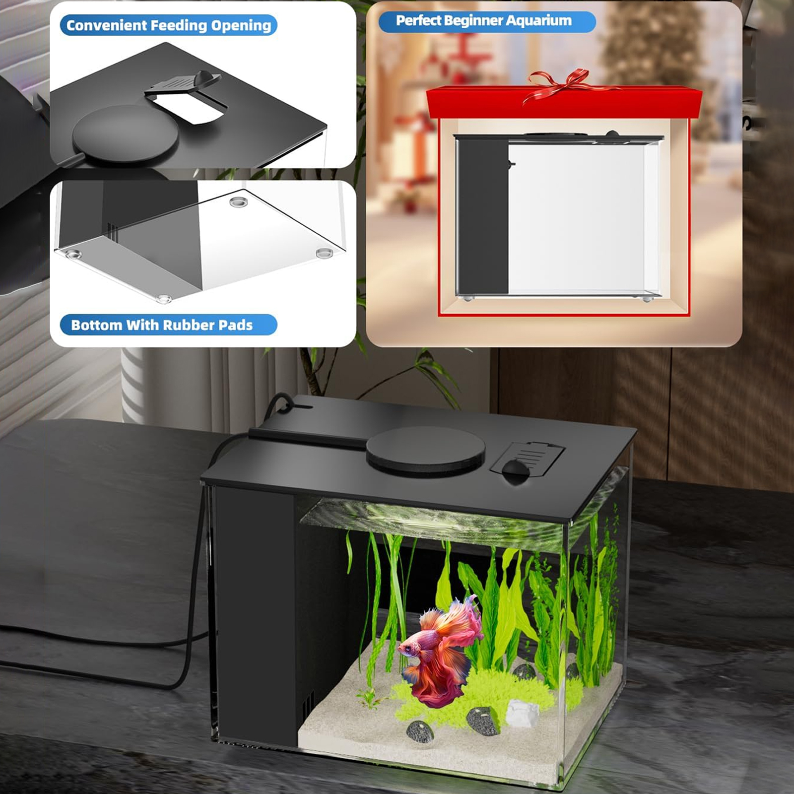 Tawatiler Small Fish Tank, 2.9L (0.78 Gal) Betta Fish Aquarium, Acrylic Small Fish Tank Kit with Water Filter Pump & LED Light, Ideal for Small Fish, Shrimp and Plants, Black - Image 4
