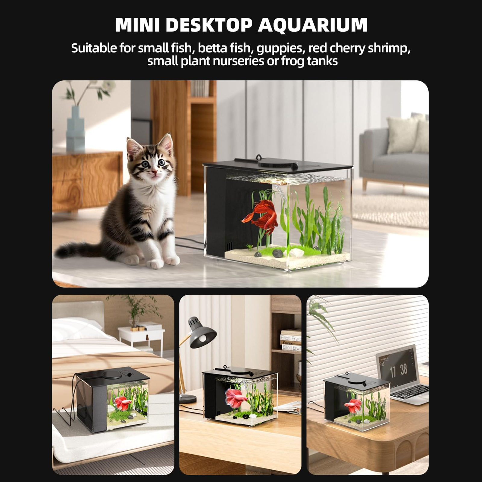 Tawatiler Small Fish Tank, 2.9L (0.78 Gal) Betta Fish Aquarium, Acrylic Small Fish Tank Kit with Water Filter Pump & LED Light, Ideal for Small Fish, Shrimp and Plants, Black - Image 6